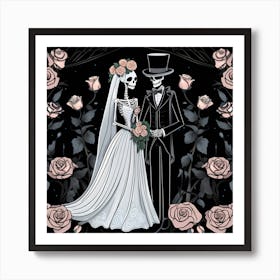 Skeleton Wedding whimsical minimalistic line art Art Print