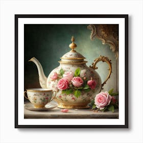 A very finely detailed Victorian style teapot with flowers, plants and roses in the center with a tea cup 10 Art Print