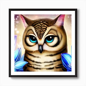 Owl With Blue Flowers 3 Poster