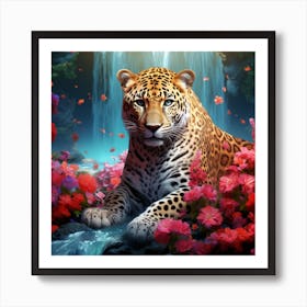 Leopard In A Waterfall Art Print