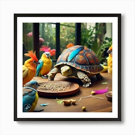 Tortoise With Feather On Is Shell Sneaking Into The Bird S Party And Making Himself At Home (1) Art Print