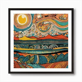 Sunrise Over the Mountain and River Abstract Linocut Art Print