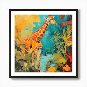 Giraffe In The Leaves Oil Painting Inspired 3 Art Print