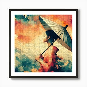 Abstract Puzzle Art Japanese girl with umbrella Art Print