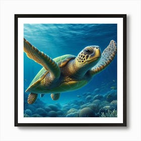 A photo of a sea turtle swimming gracefully through a coral reef. The turtle is surrounded by colorful fish and coral, and the sun is shining brightly overhead. The water is crystal clear, and you can see the turtle's reflection on the surface. The turtle is a beautiful creature, and it is clear that it is enjoying its swim. Art Print