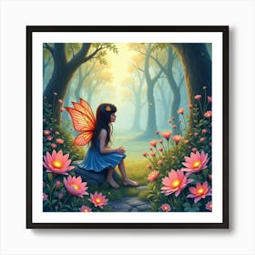 Fairy Garden With Glowing Blossoms, Watercolor 1 Art Print