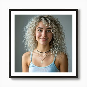 Photorealistic Portrait Of A Smiling Young Woman With Blue Eyes And Vibrant Blue Hued Curly Hair Dr Art Print