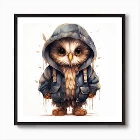 Watercolour Cartoon Owl In A Hoodie Art Print