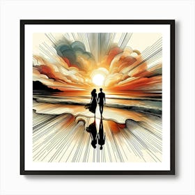 Lovers at Beach in Morning - Abstract Line Art Illustration 234 Art Print