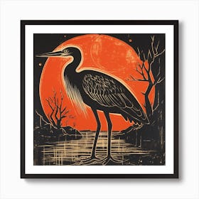 Retro Bird Lithograph Egret 2 Art Print