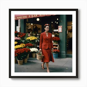 Frida Kahlo on street in Red dress Art Print