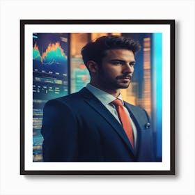 Businessman In Suit Standing In Front Of Financial Charts Art Print