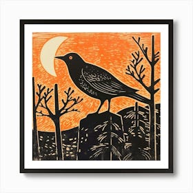 Retro Bird Lithograph Blackbird 1 Art Print
