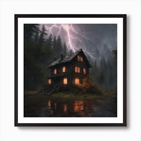 An Abandoned House In The Midst Of A Dark Forest With Eerie Rainy Weather And The Predominant Col (1) Art Print