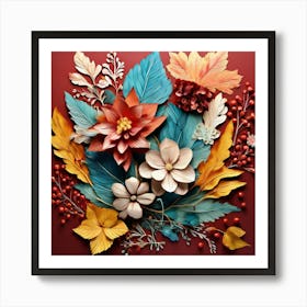 Paper Art,Design A Piece Featuring Elements Of Nature Such As Leaves And Flowers, Autumn Flowers Art Print