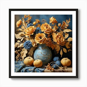 Still Life Ocher And Blue Autumn Flowers Art Print 3 Art Print