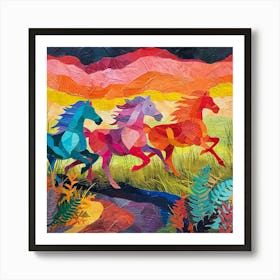 Horses Charging Through The Field Rainbow 1 Art Print