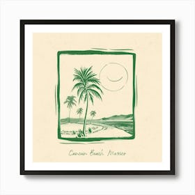 Cancun Beach, Mexico Green Line Art Illustration Art Print