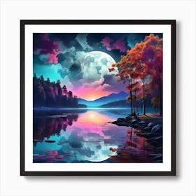 Full Moon Over Lake 2 Art Print