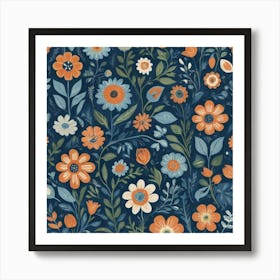 Folk Flowers Blue Art Print 1 Art Print