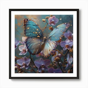 Blue Butterfly On Orchids 1 Art Print