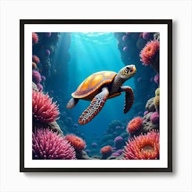 Sea Turtle In Coral Reef Art Print