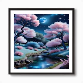 Sakura Trees At Night Art Print