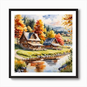 Autumn Cottages By The River Art Print