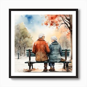 Old Couple Sitting On Park Bench 1 Art Print