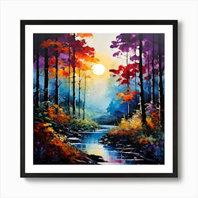A Mesmerizing Semi Abstract Painting Captures A Serene Forest Landscape Bursting With Rich Foliage Art Print