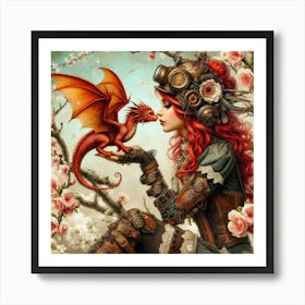 Steampunk Girl With Dragon 2 Art Print