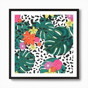 Shining Leopard Detailed Colorful Happy Tropical Flowers Vibrant Pattern Squre Square Art Print