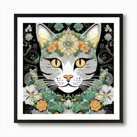 Cat With Flowers 1 Art Print