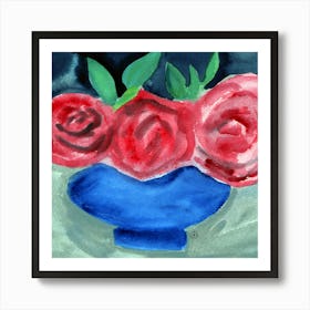 Roses In A Blue Vase - square floral flower blue red green gray Art Print