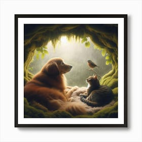 Cat And Dog In A Cave Art Print