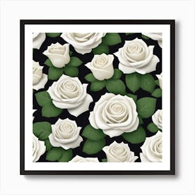 White Roses On Black Background 4 Art Print