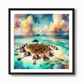 Ocean’s Embrace, An abstract piece in watercolors emphasizing on the circular embrace of the atoll around its central lagoon. This artwork would fit well in a dining room or a kitchen, where it can add some color and warmth to the space. 1 Art Print