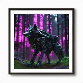 Wolf In Forrest Neon Ambiance Abstract Black Oil Gear Mecha Detailed Acrylic Grunge Intricate Art Print