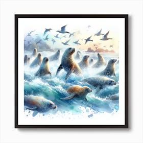 Sea Seals In Motion, Sea Seals Watercolour Art Print 3 Art Print