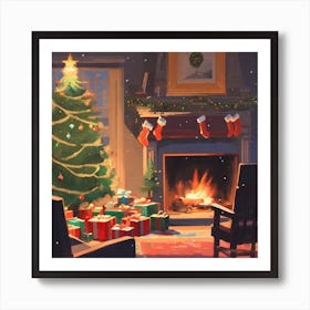 Christmas Presents Under Christmas Tree At Home Next To Fireplace Acrylic Painting Trending On Pix (6) Art Print