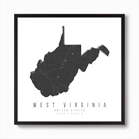 West Virginia Mono Black And White Modern Minimal Street Map Square Art Print