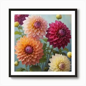 Dahlias flower plants painting art print Art Print