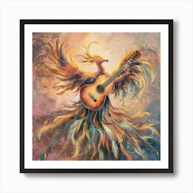 Phoenix Guitar awater color paint An exquisite, abstract rendition of soulful strumming, where the guitar is metaphorically replaced by a soaring, ethereal phoenix. The bird's vibrant feathers cascade like strings, emanating a warm, golden glow. As it strums its own divine melody, the phoenix embodies the spiritual essence of music, transcending physicality and resonating with the deepest chords of the soul. The background is a harmonious blend of dreamy, impressionistic hues, evoking a sense of transcendence and boundless creativity. Art Print