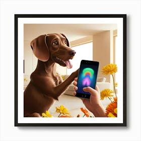 A Curious Brown Dog With Floppy Ears And A Wagging Tail, Its Tongue Lolling Out Of Its Mouth, Holds A Sleek Black Smartphone In Its Paw, Its Eyes Fixed Intently On The Screen 1 Art Print