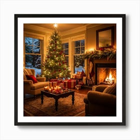 A Cozy Winter Evening By A Roaring Fireplace An Ornately Decorated Christmas Tree Situated In The C (5) Art Print