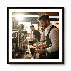 Barista Swiftly Spinning Pouring Water Into A Gleaming Espresso Machine Amidst Morning Rush In Bu (1) Art Print