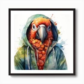 Watercolour Cartoon Parrot In A Hoodie 1 Art Print