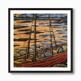 Oil painting of a boat in a body of water, woodcut, inspired by Gustav Baumann 2 Art Print