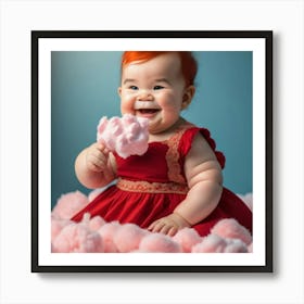 Baby In Red Dress With Cotton Candy Art Print