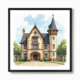 A Historical English Town Hall With Classic Architecture, Watercolor Style 1 Art Print